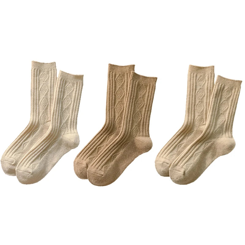 Cable Knit Warm Socks – Cozy Neutral Collection (3 Pairs)