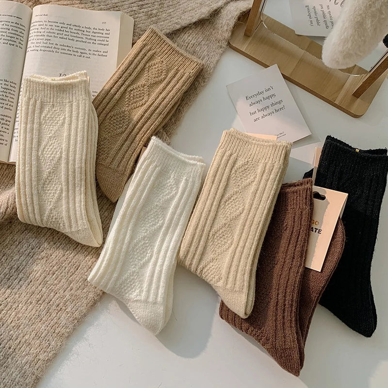 Cable Knit Warm Socks – Cozy Neutral Collection (3 Pairs)