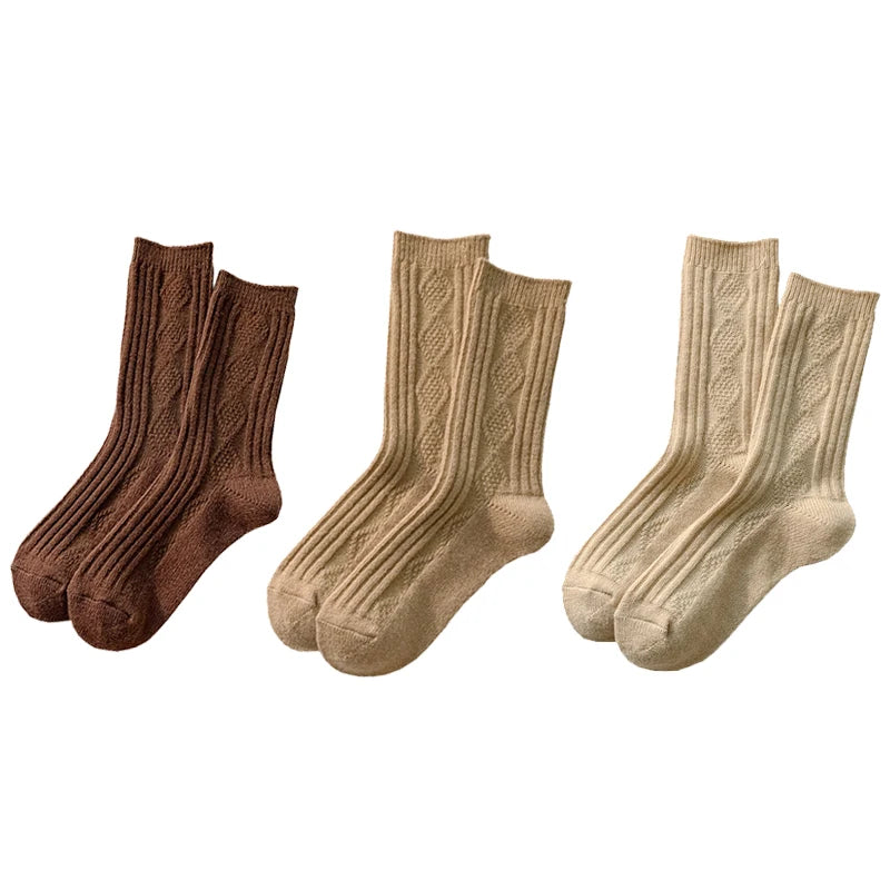 Cable Knit Warm Socks – Cozy Neutral Collection (3 Pairs)
