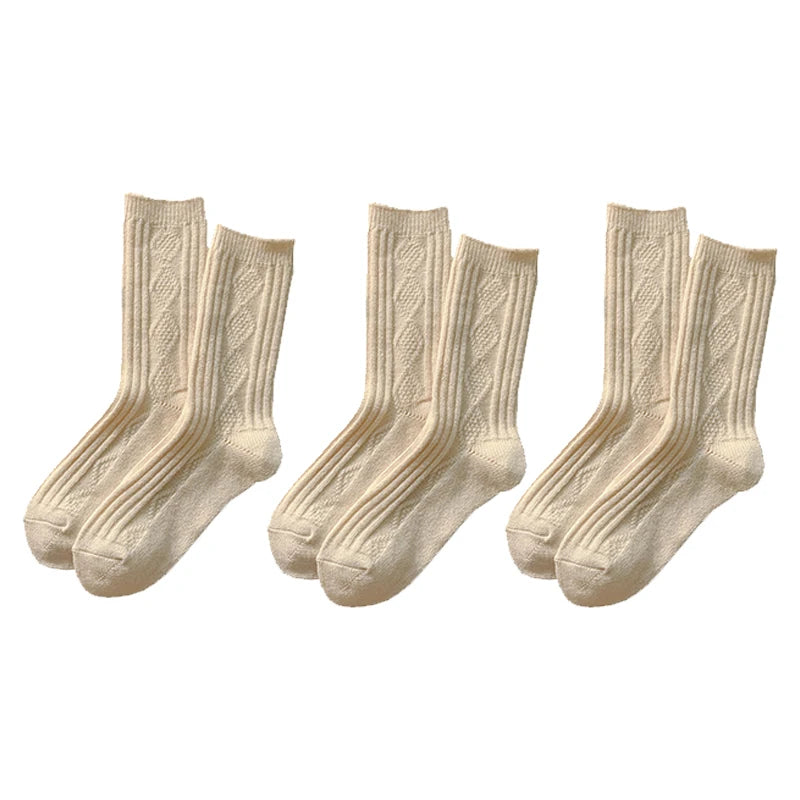 Cable Knit Warm Socks – Cozy Neutral Collection (3 Pairs)