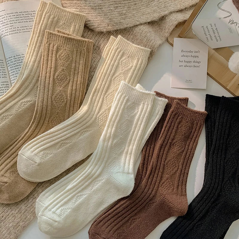 Cable Knit Warm Socks – Cozy Neutral Collection (3 Pairs)