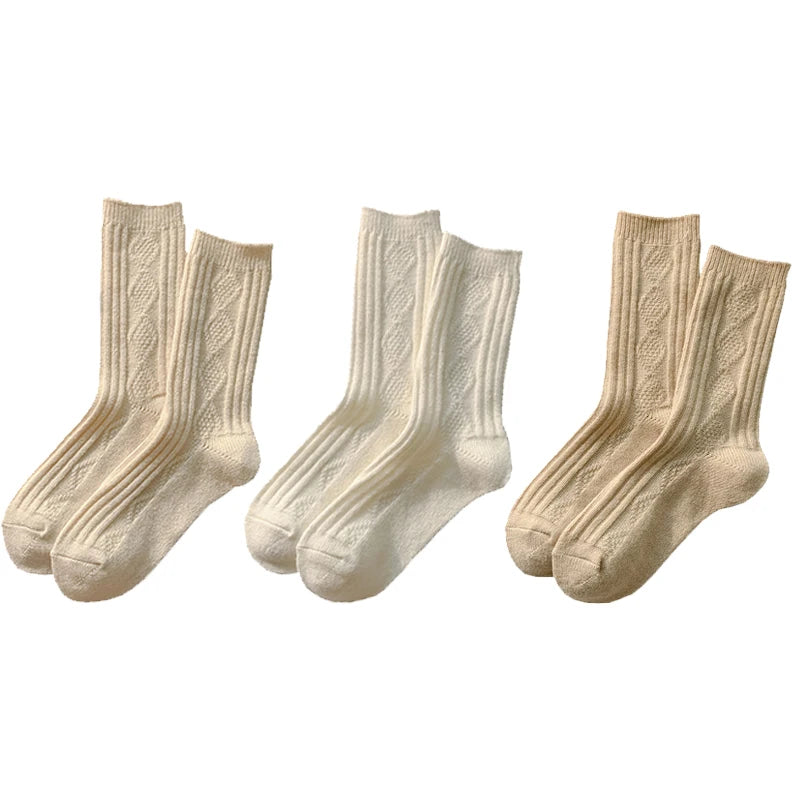 Cable Knit Warm Socks – Cozy Neutral Collection (3 Pairs)