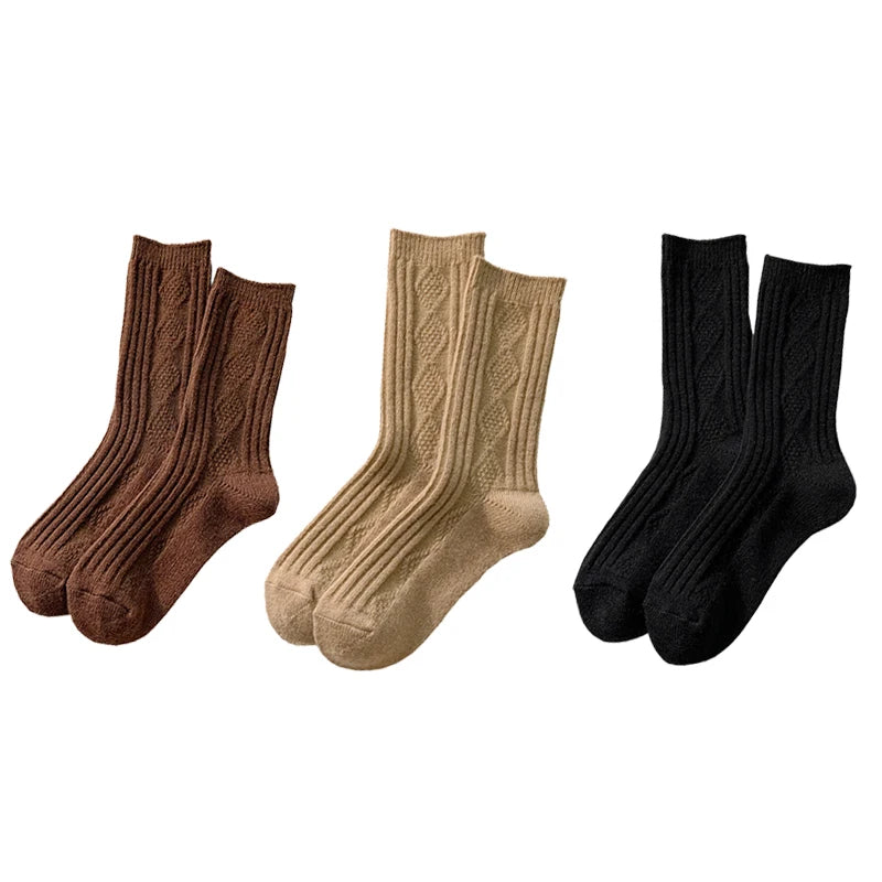 Cable Knit Warm Socks – Cozy Neutral Collection (3 Pairs)