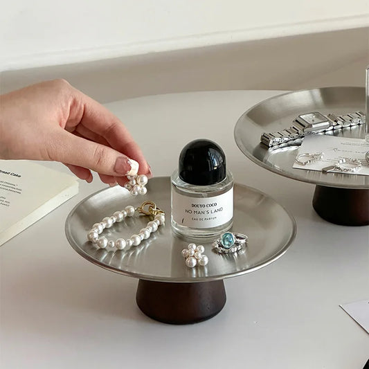 Stainless Steel Jewelry Tray with Wooden Base
