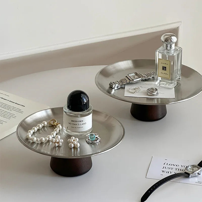 Stainless Steel Jewelry Tray with Wooden Base