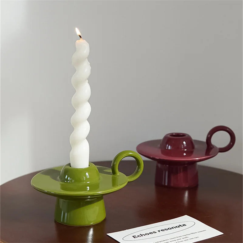ceramic candle holder, green and red