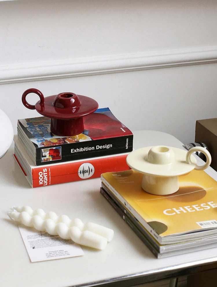 ceramic candle holder, red and white 