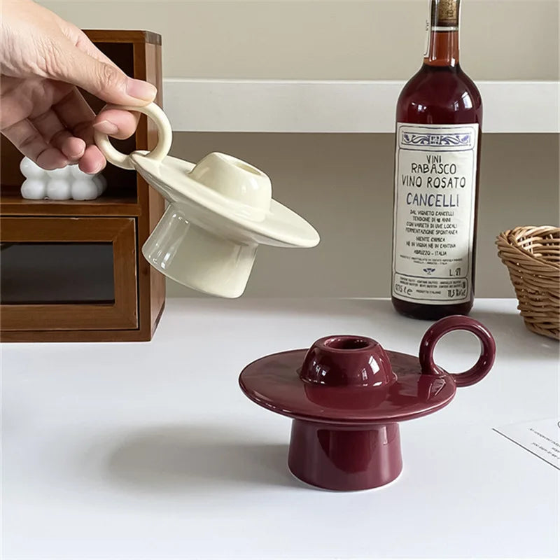 ceramic candle holder, white and red